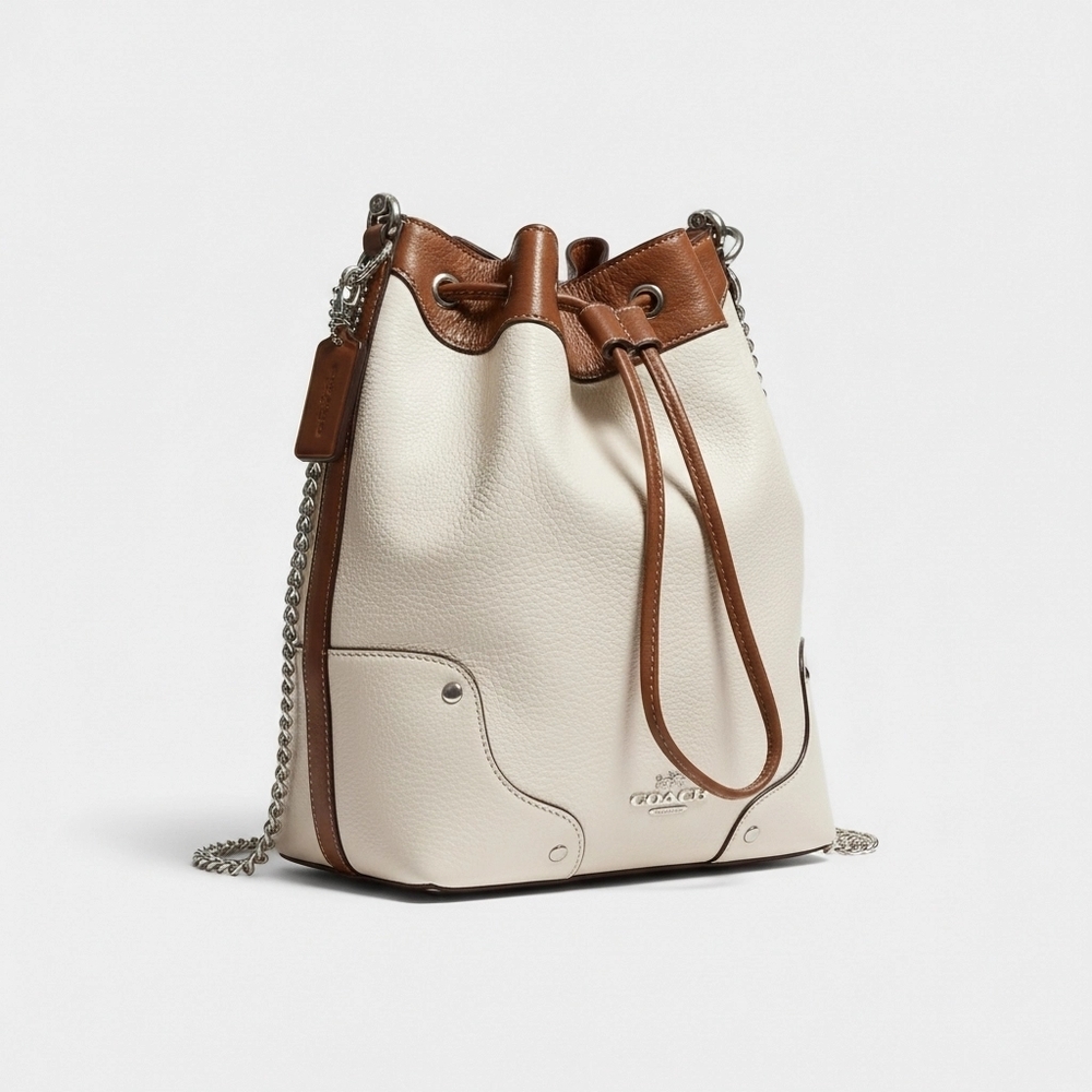 Coach Mickie Ivory With Brown Leather Trim Shoulder/Bucket Bag